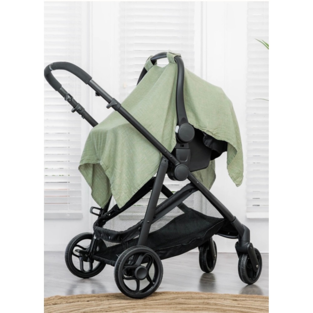 Comfy Cubs Muslin Car Seat Cover Sage Green Bamboo Cotton Breathable Snap Straps